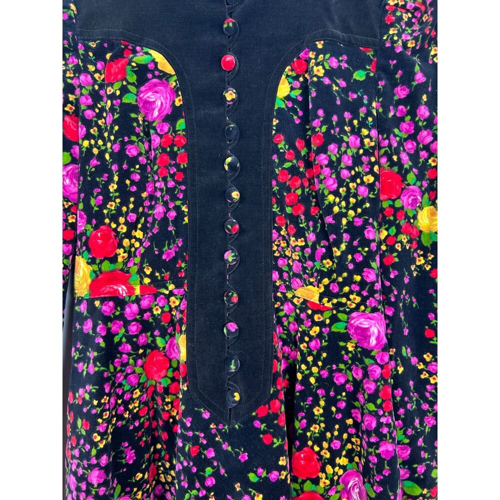 Vintage 70s Orphee Paris Floral Velvet Mini Dress XS Black French Mod Psych - Picture 3 of 16